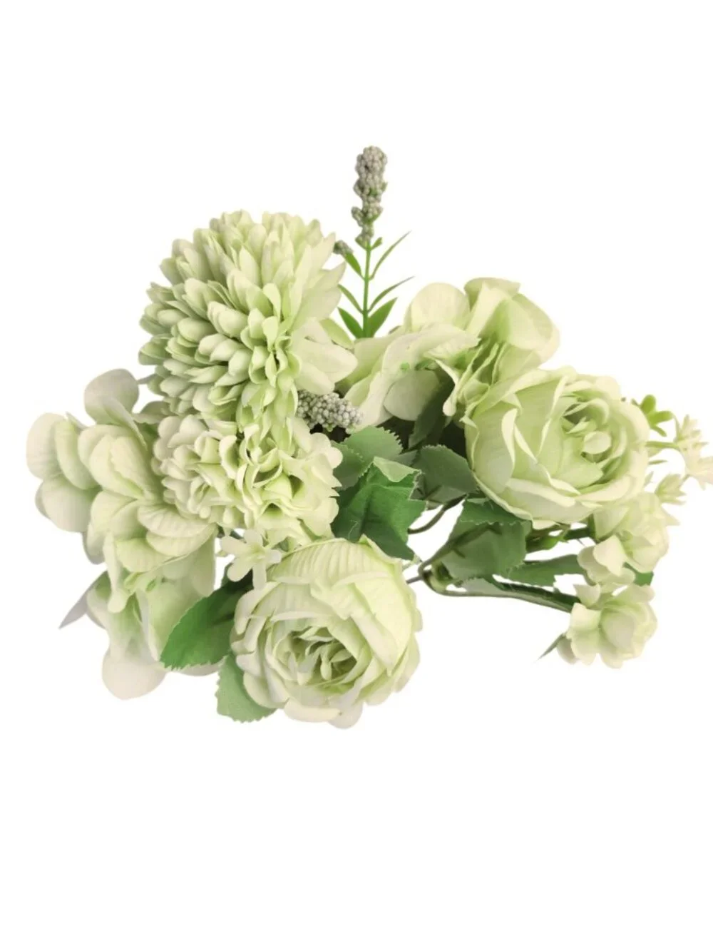 Light Green Artificial Flower Bush 7 Stem Faux Floral Bouquet Hydrangea Roses Mi